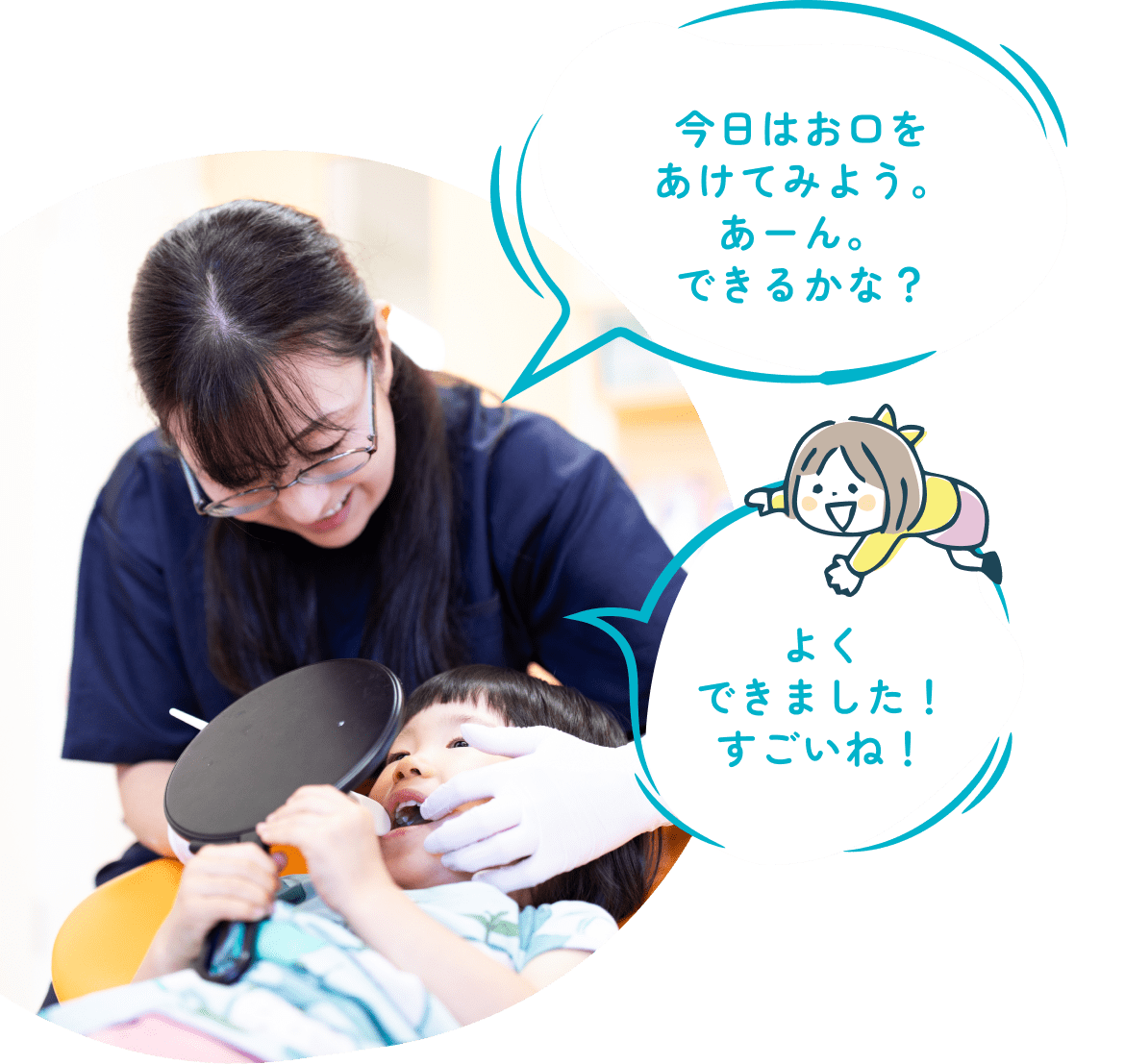 今日はお口をあけてみよう。あーん。できるかな? よくできました!すごいね!